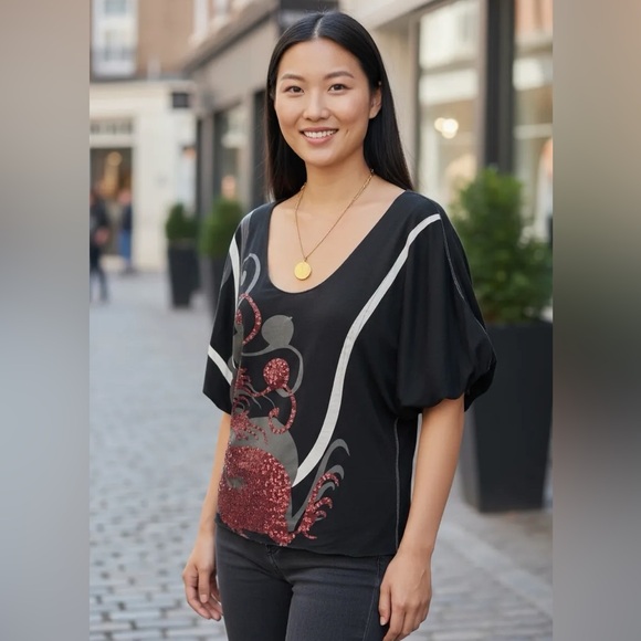 Burgundy Sequined Dragon Scoop Neck Puff Short Sleeve Top SZ S - Picture 11 of 12